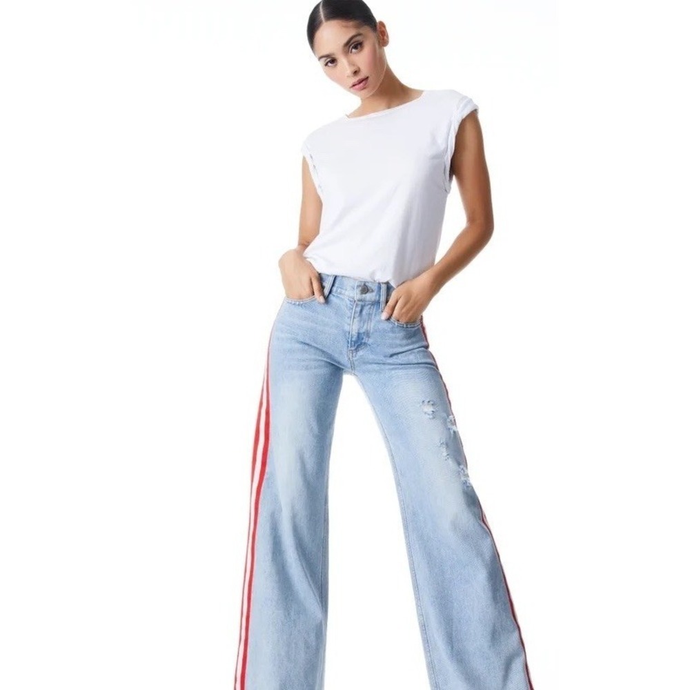 Alice + Olivia Rey Low Rise Wide Leg Jeans 24 Rockstar Blue Stripe Frayed Hem